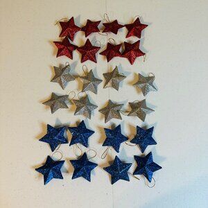 Red Silver & Blue Glitter Star Ornaments Set Of 24 Patriotic Star Decorations